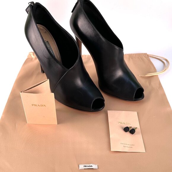 PRADA Black Leather Peep-Toe Ankle Booties - Size 39 - Picture 10 of 11